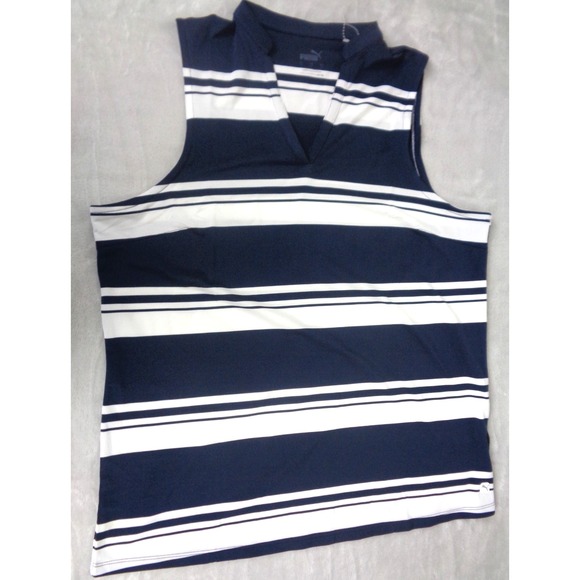 Puma Cloudspun Valley Stripe Sleeveless Polo Navy White Womens Size Large - Picture 1 of 4